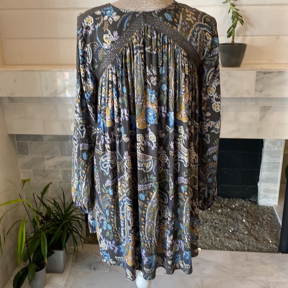 Free People Rain Or Shine Lace-Up Gray Paisley Floral Mini Dress Size Small - Picture 9 of 14